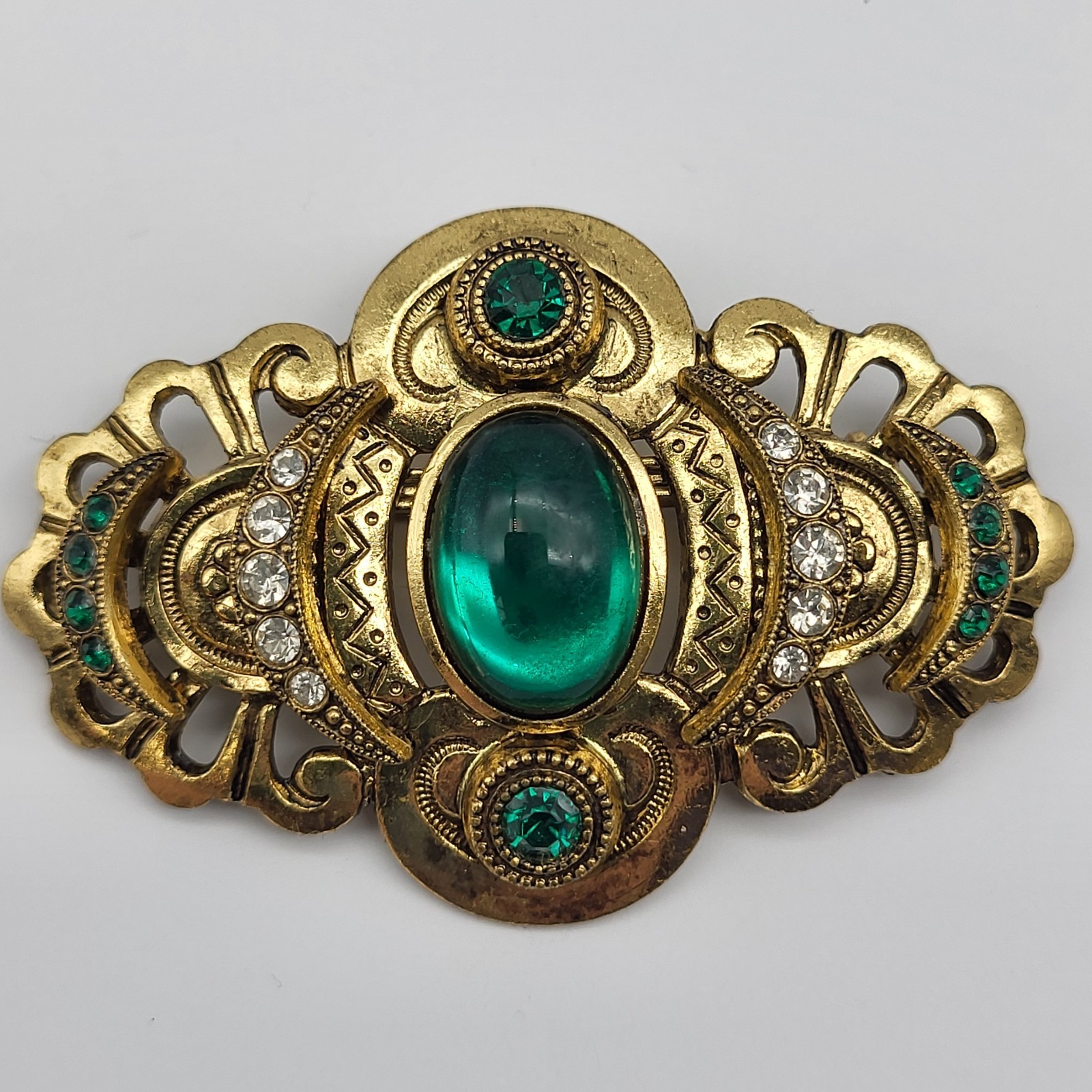Stunning Victorian Revival Gripoix Green Glass Brooch Pin Unsigned estate
