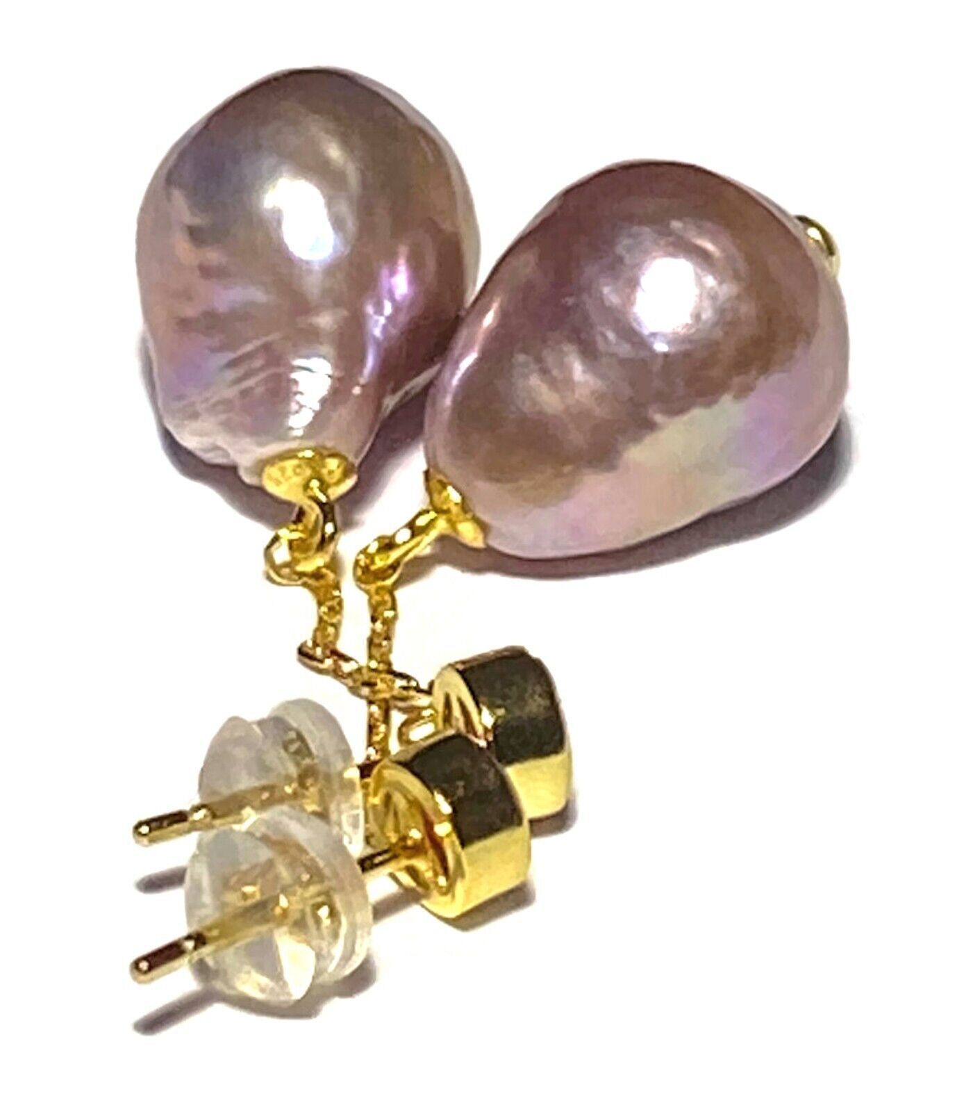 UNIQUE Baroque 12 x 14.5mm Deep Lavender Purple Keshi Pearl Dangle Earrings