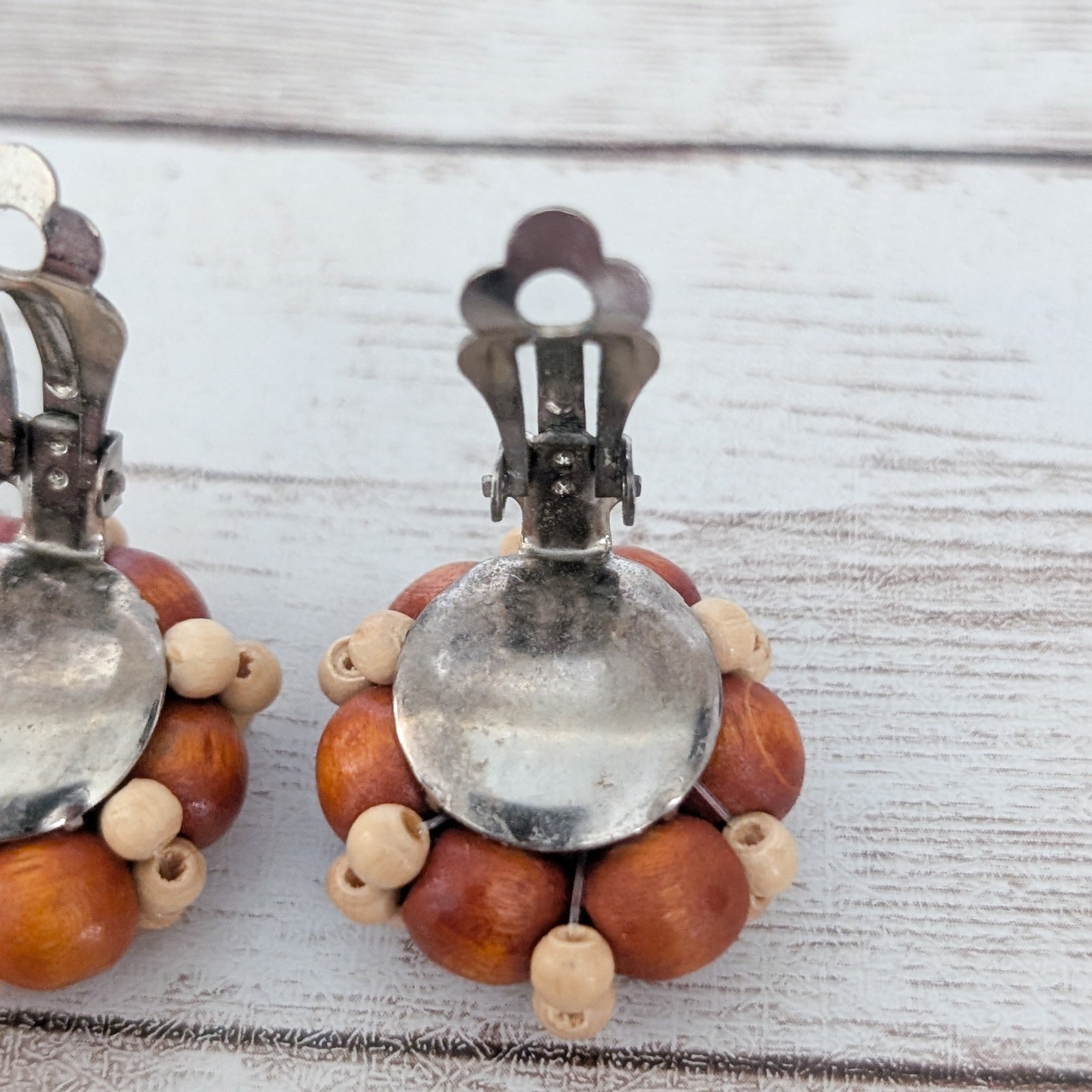Vintage Clip On Earrings Brown & Tan Wooden Cluster Fall Autumn Tone