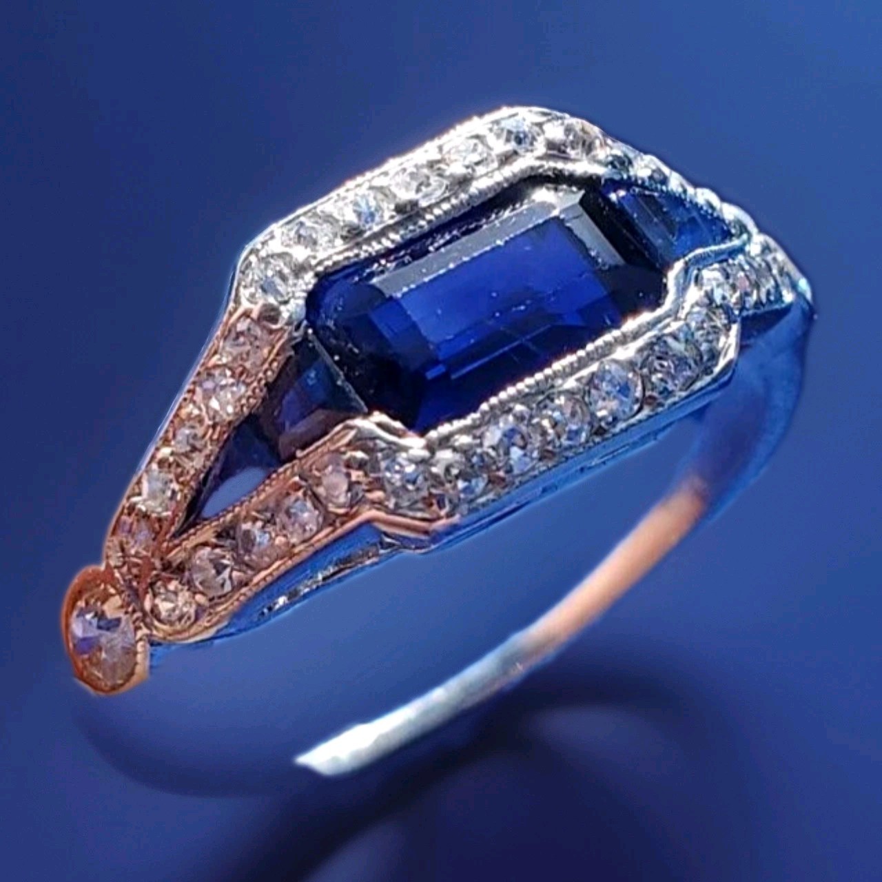 Original EARTH MINED SAPPHIRE DIAMOND ART Deco SOLID PLATINUM Engagement RING 6