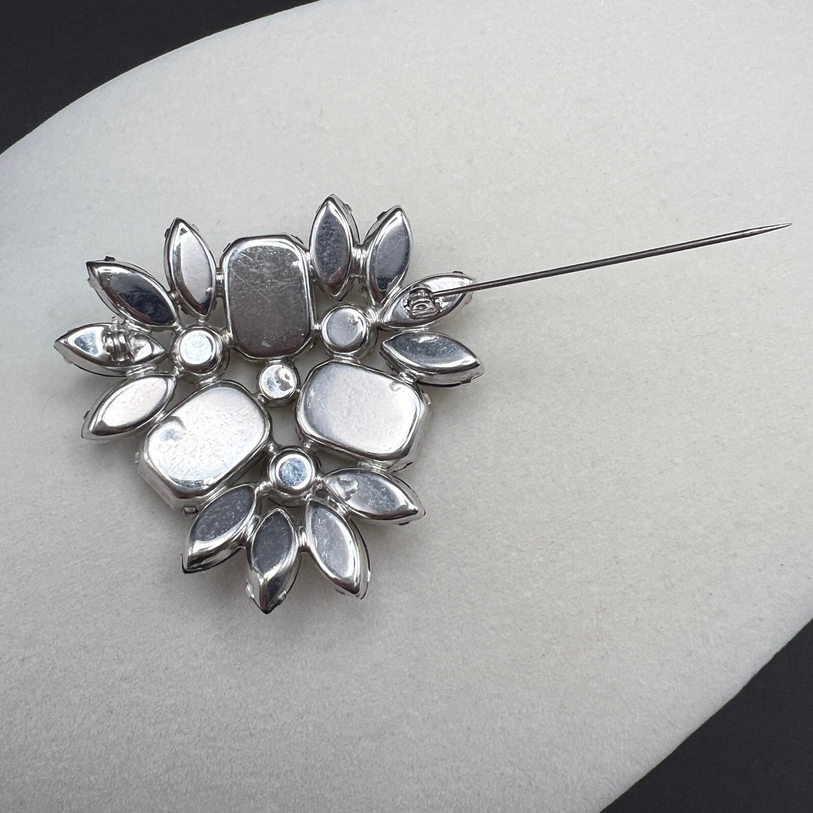 Vintage Rhinestone Brooch Black Crystal Domed Floral Spray