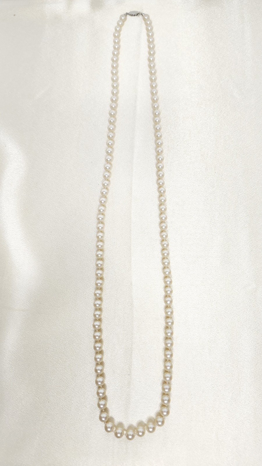 Vintage Glass Faux Pearl Necklace Signed G. Silver Clasp – 6mm Beads, 36″ L