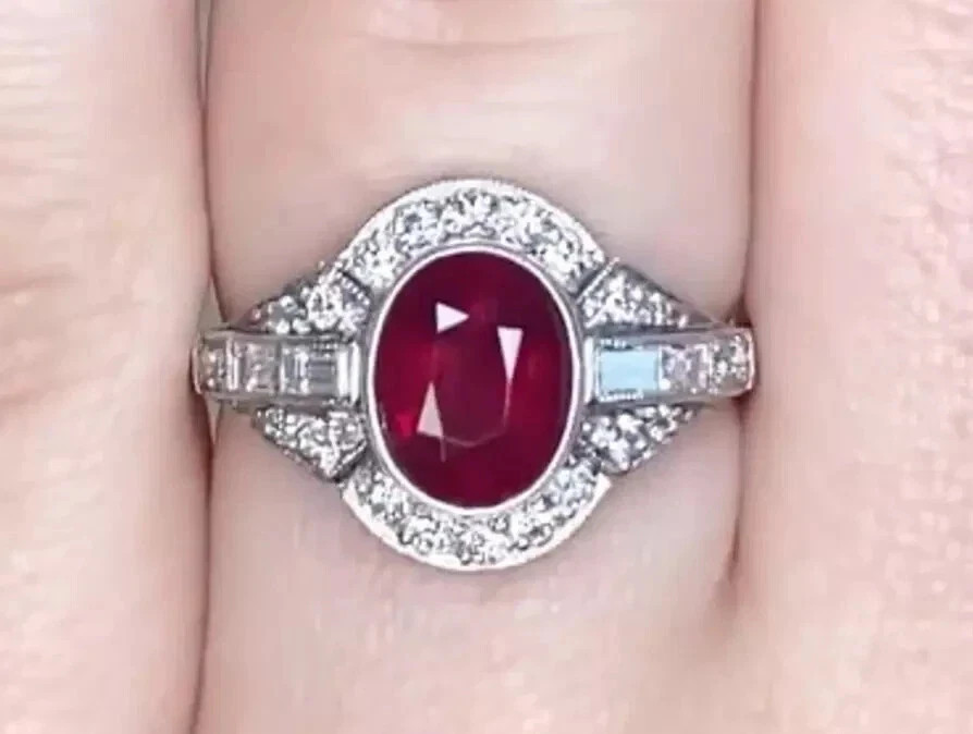 3Ct Art Deco Oval Cut Lab Created Diamond Ruby 14k White Gold FN Wedding Ring