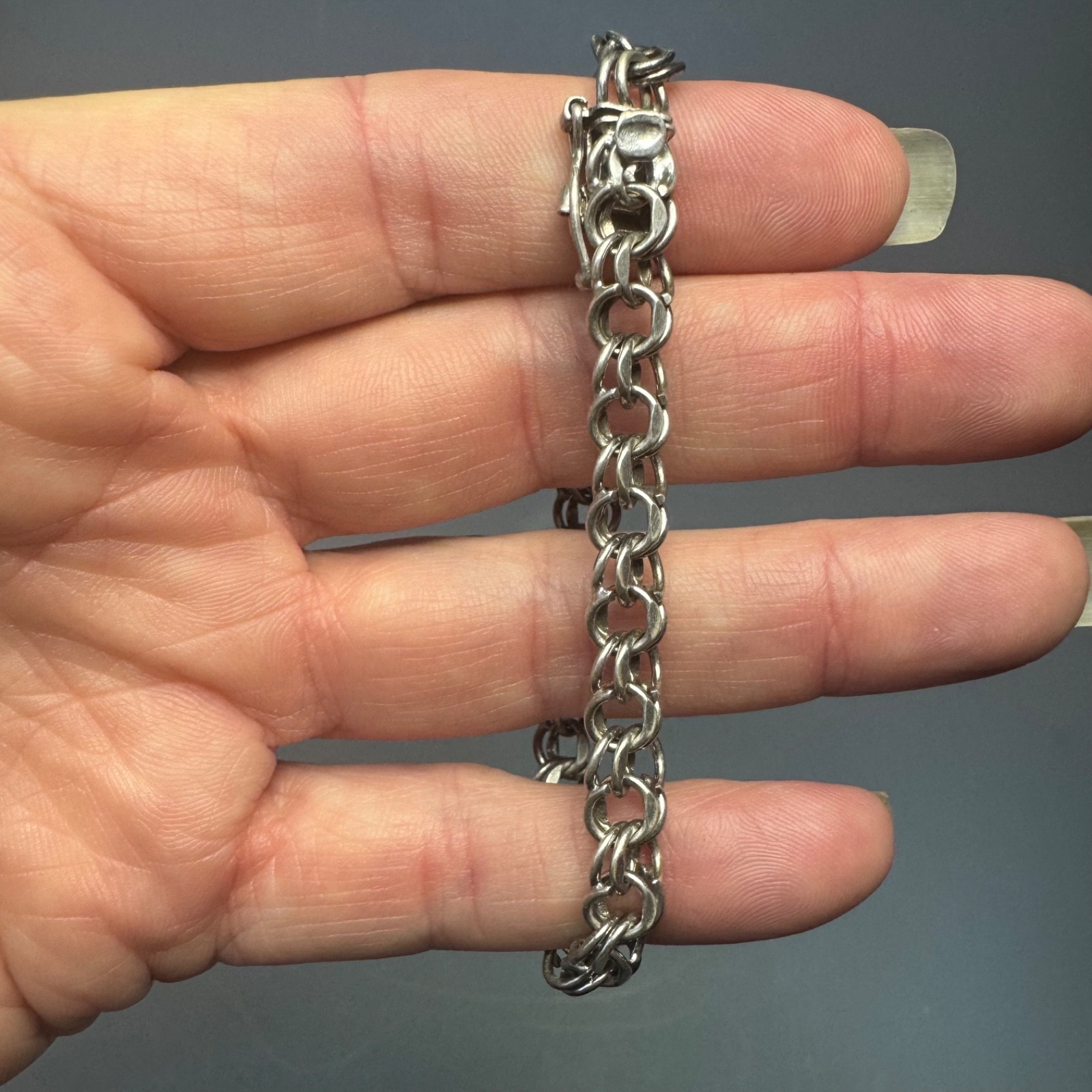 Vintage Sterling Silver Double Link Chain Bracelet 7.25″ 13.07g Box Clasp
