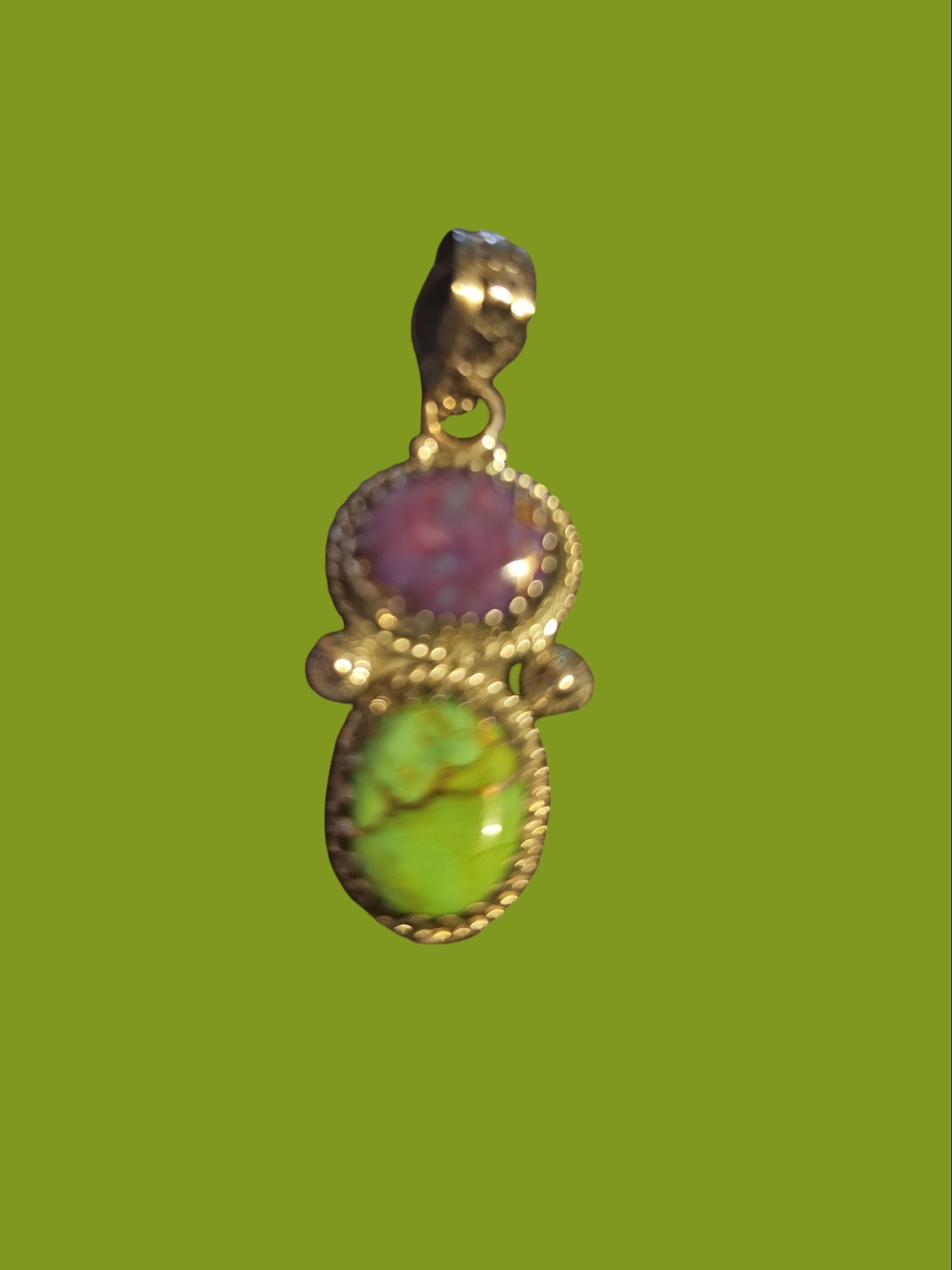 Vtg. 925 Sterling Silver Purple & Lime Green Mojave Turquoise Pendant Southwest
