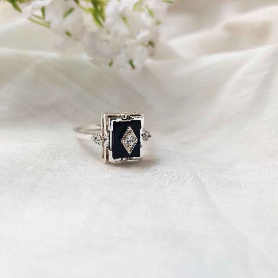 Antique Art Deco Vintage Black Onyx & Lab-Created Diamond Gift Ring 925 Silver