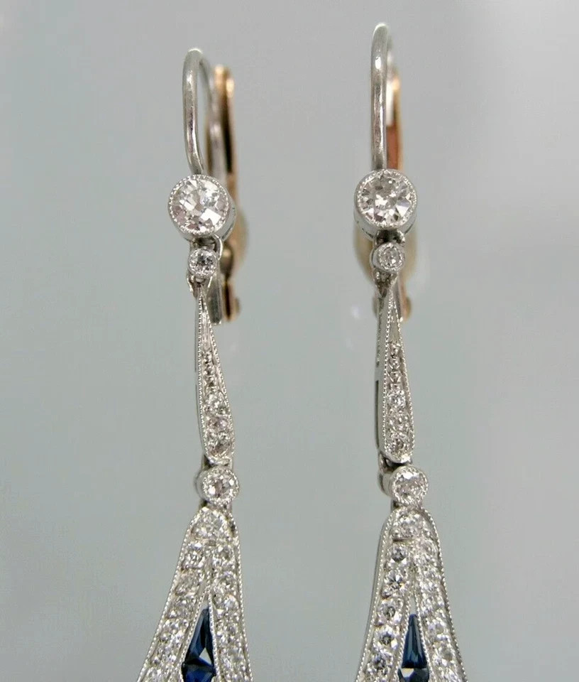 Art Deco Style Sapphire & Diamond Drop Dangle Wedding 14k White Gold FN Earrings