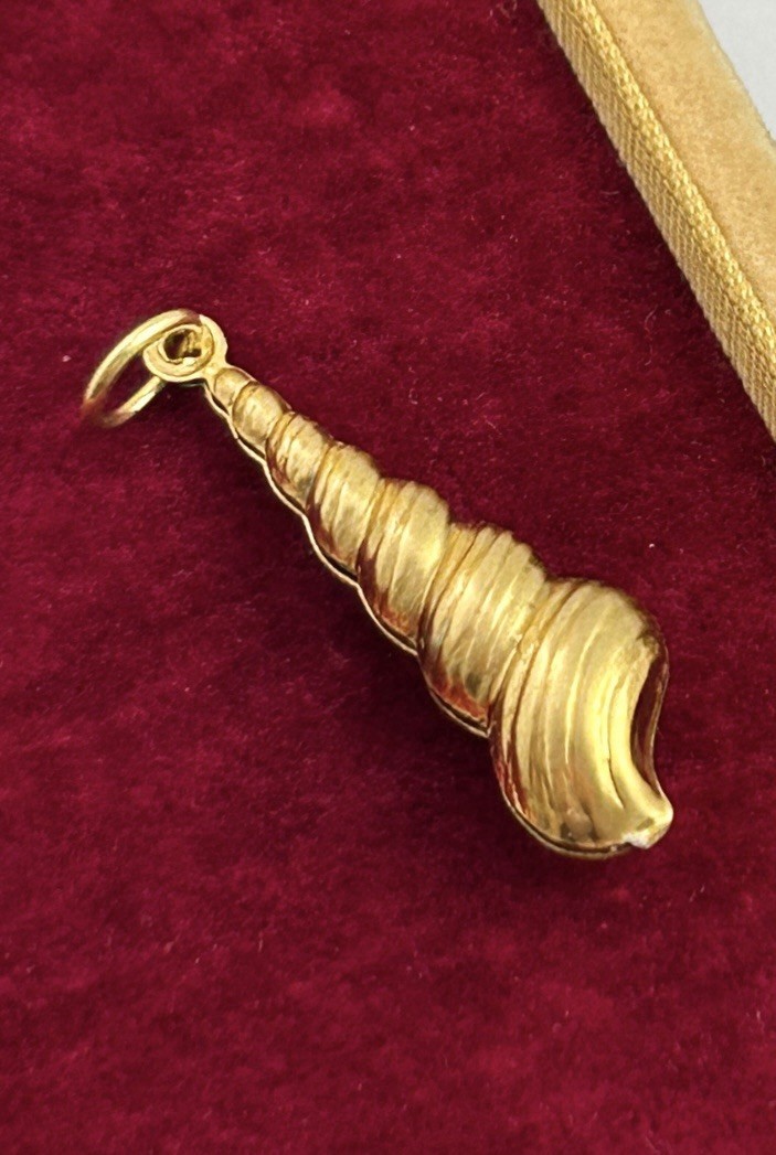 Vintage Brass Spiral Seashell Charm Puffy Shell Nautical Beach Pendant