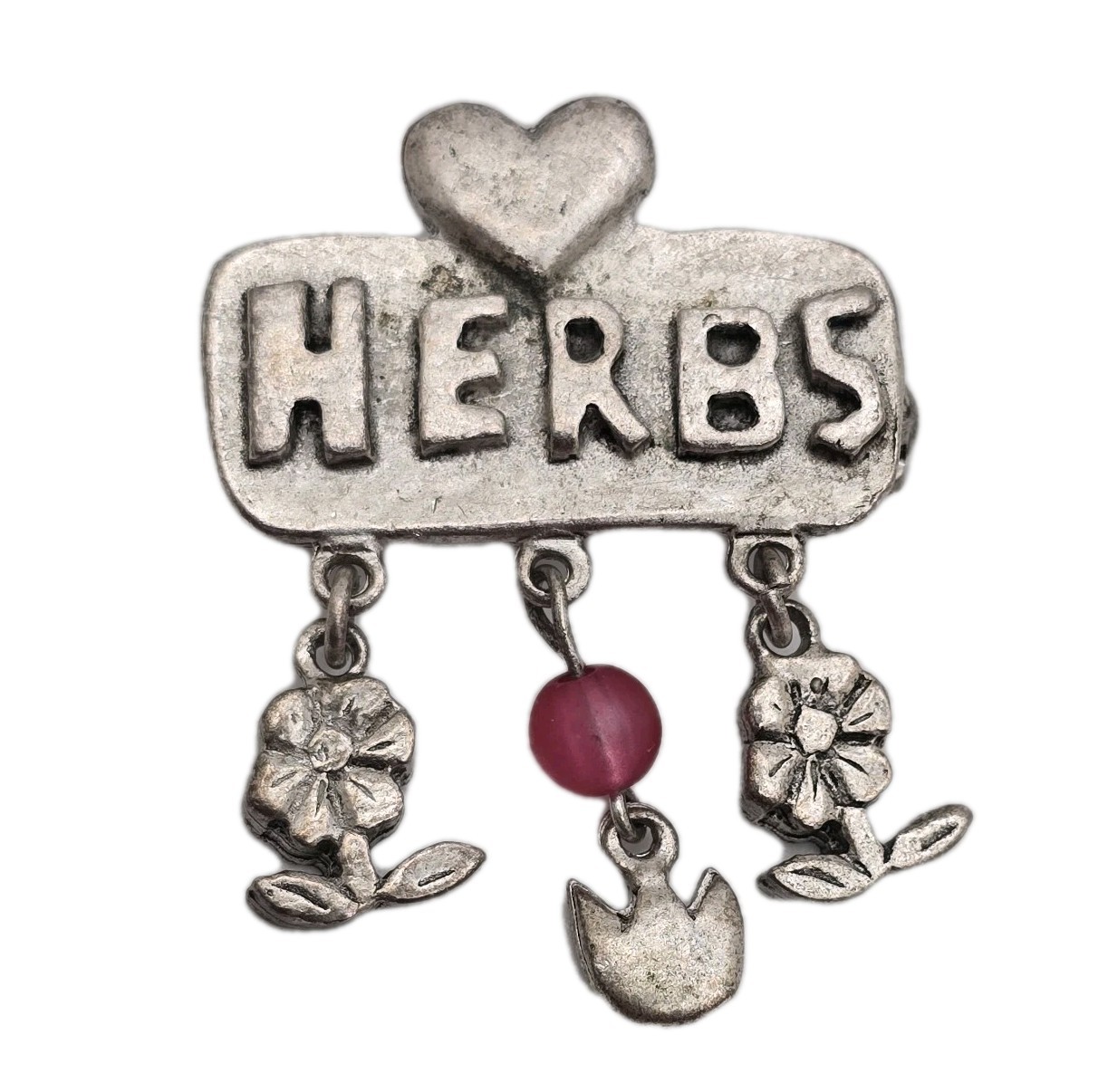 Vtg EH Herbs Brooch Silver Tone Flower Dangles Chef Herb Gardener Cook Heart