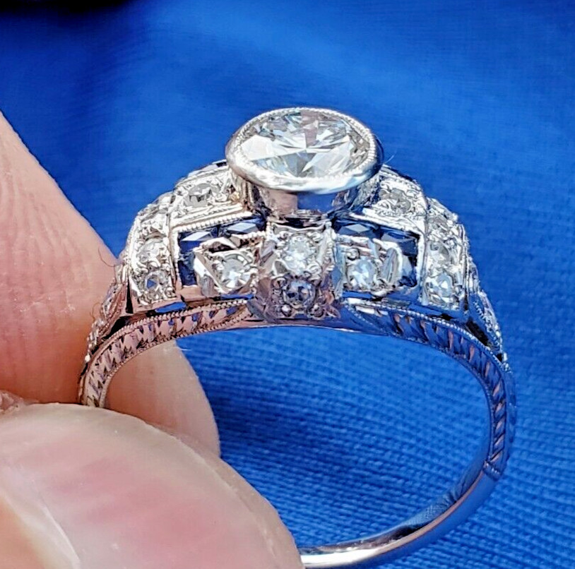 Original EARTH MINED DIAMOND Deco Engagement Ring Platinum Sapphire Solitaire 6