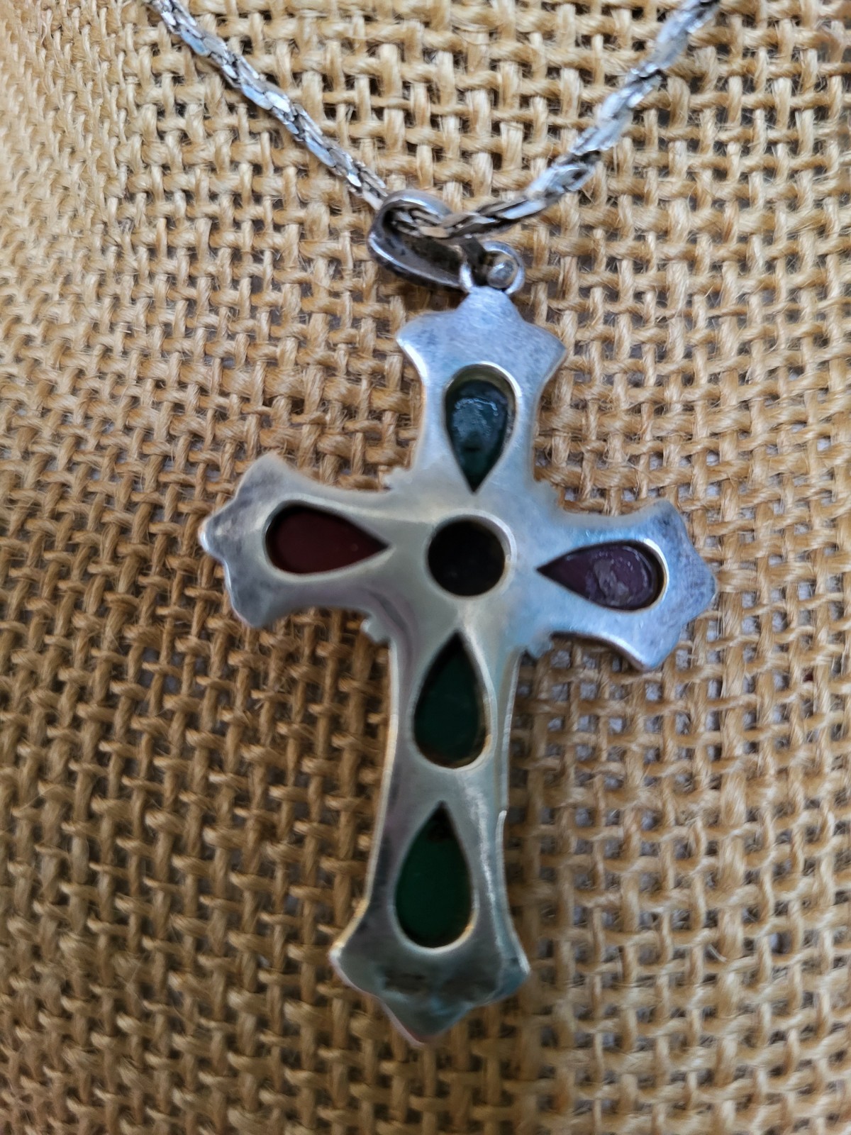 sterling silver gemstone large cross with very nice heavy sterling chain