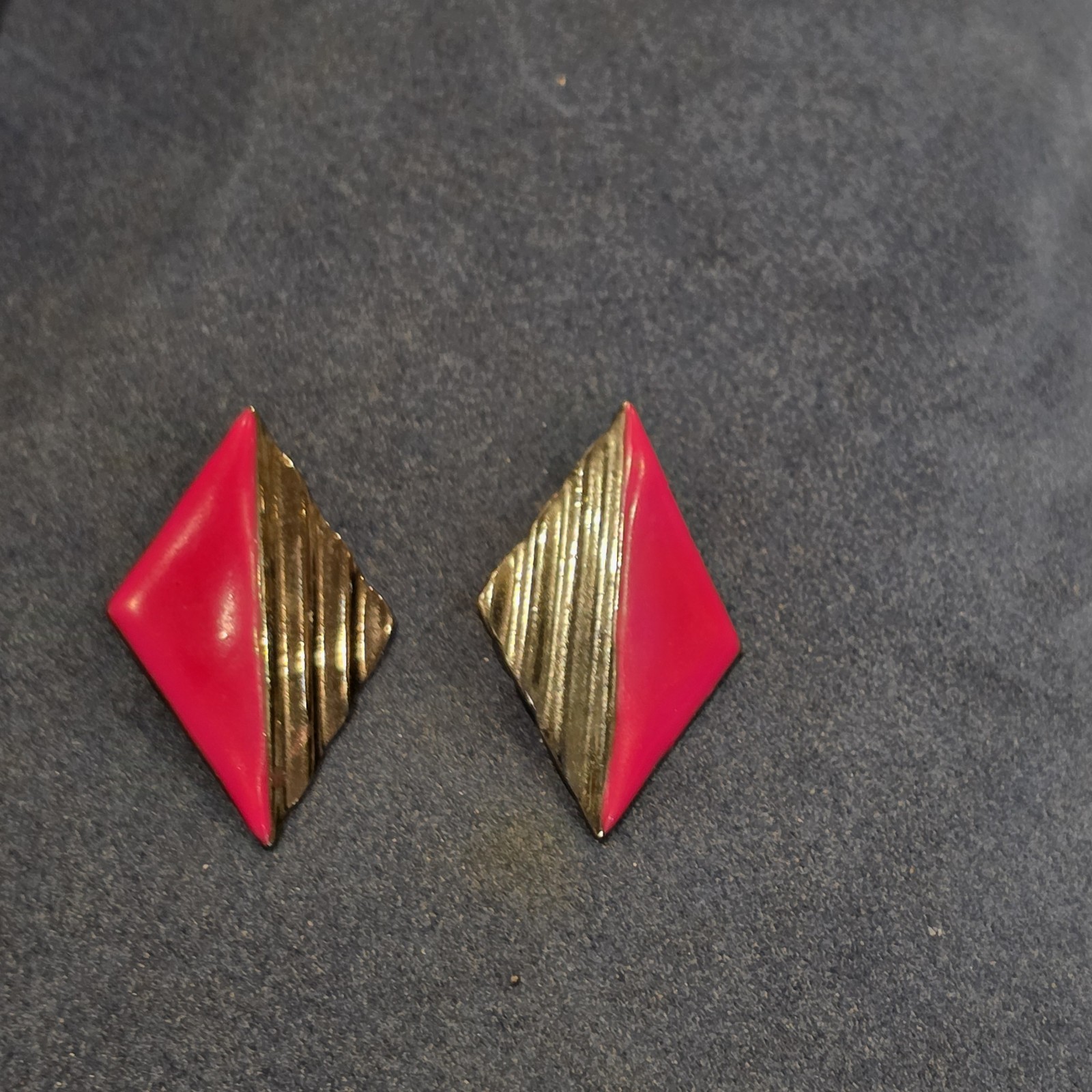 Vintage 1980s Red Enamel Silver Tone Diamond Geometric Post Earrings Bold Retro