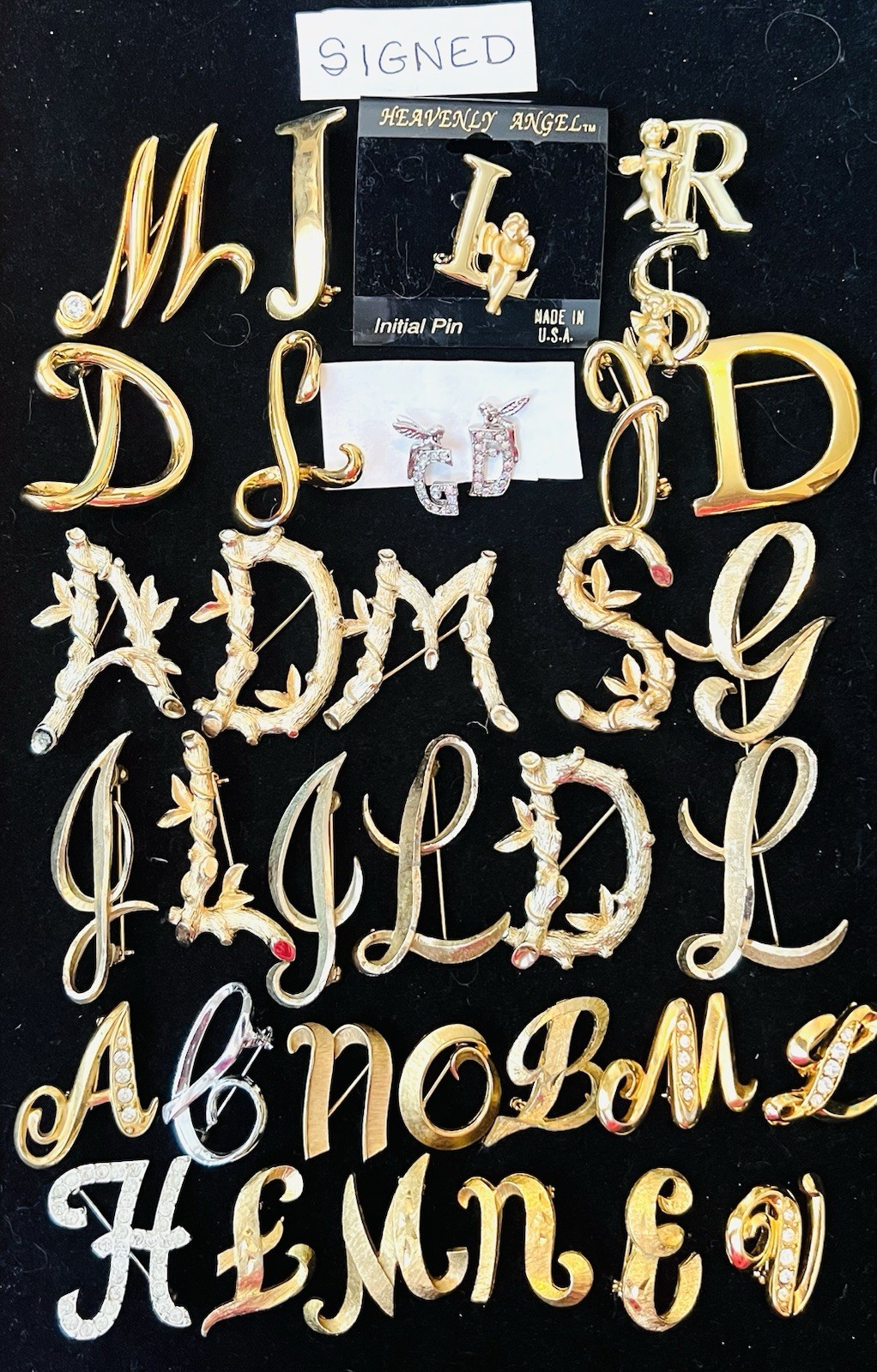 100 Vintage INITIAL Letter Brooch Pins Lot 35 Signed Trifari Sarah Anne Klein