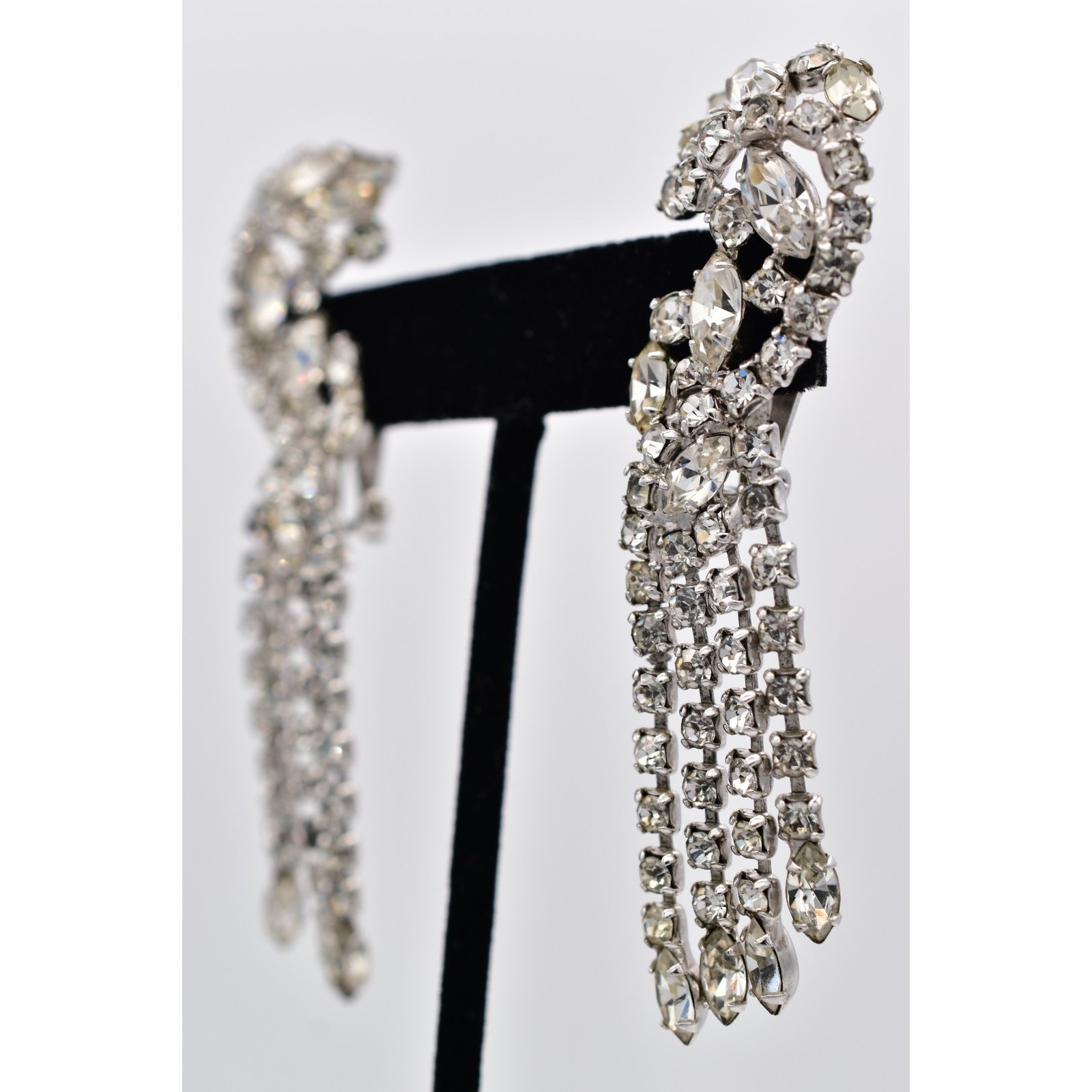 Vintage Crystal Climber Fringe Clip On Earrings Rhinestone Dangle Tassel BinAZ
