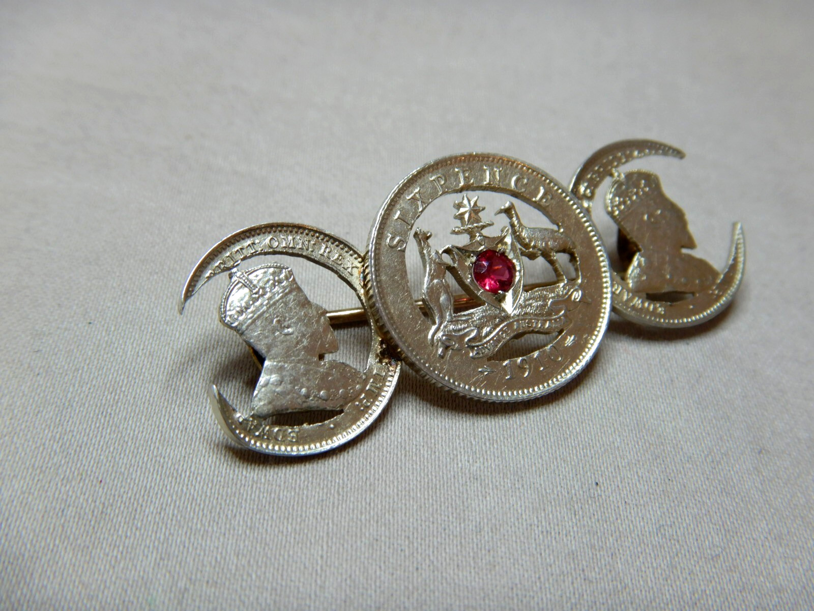 ANTIQUE GARNET SET AUSTRALIAN 1910 SILVER COINS BROOCH 3760