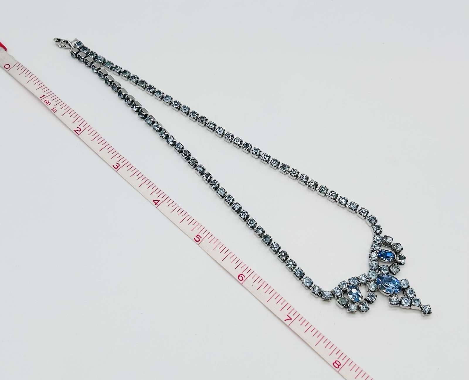 Vtg-BLUE RHINESTONE-Necklace-Choker-Ring-Bracelet-Clip-on Earrings SET