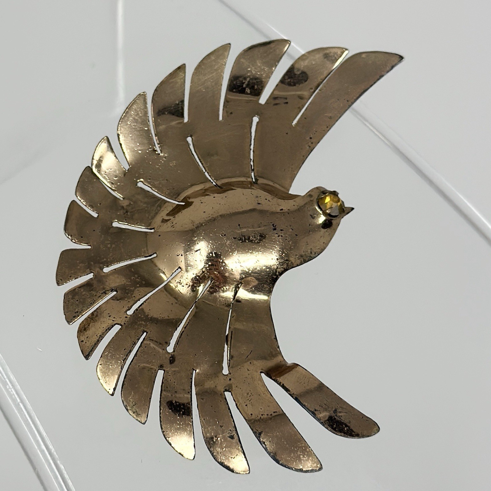 Vintage Rose Gold Vermeil Sterling Silver Flying Bird Yellow Eye Brooch Pin 3”