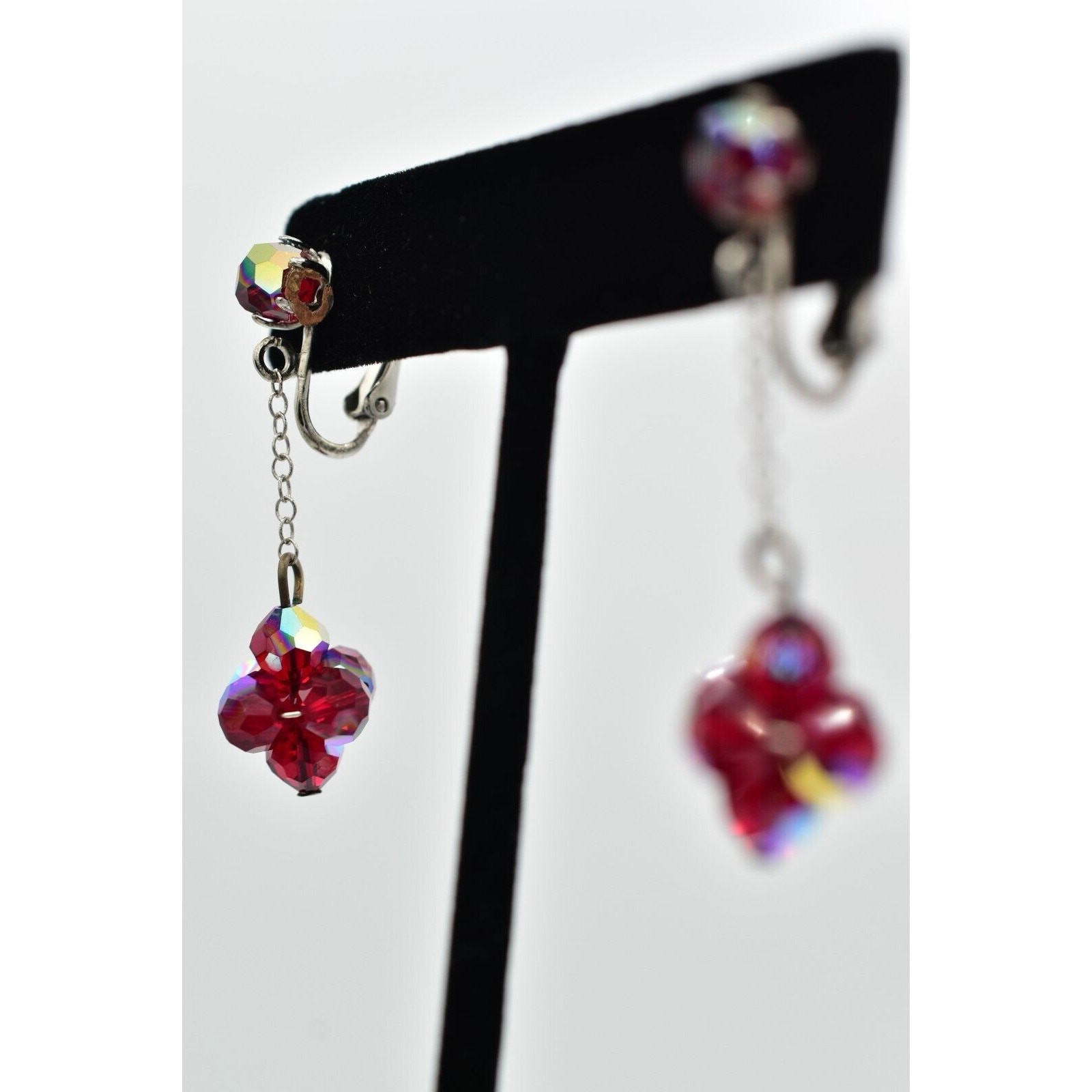 Vintage Red AB Crystal Clip On Earrings Dangle Drop Aurora Borealis 1950s A24