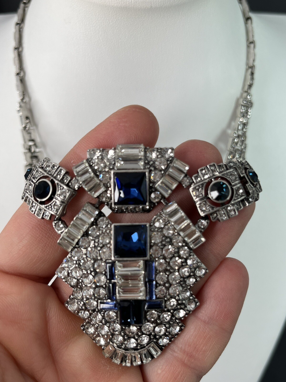 Art Deco Revival Rhinestone Choker Necklace Silver Blue Lavalier Wedding Bride