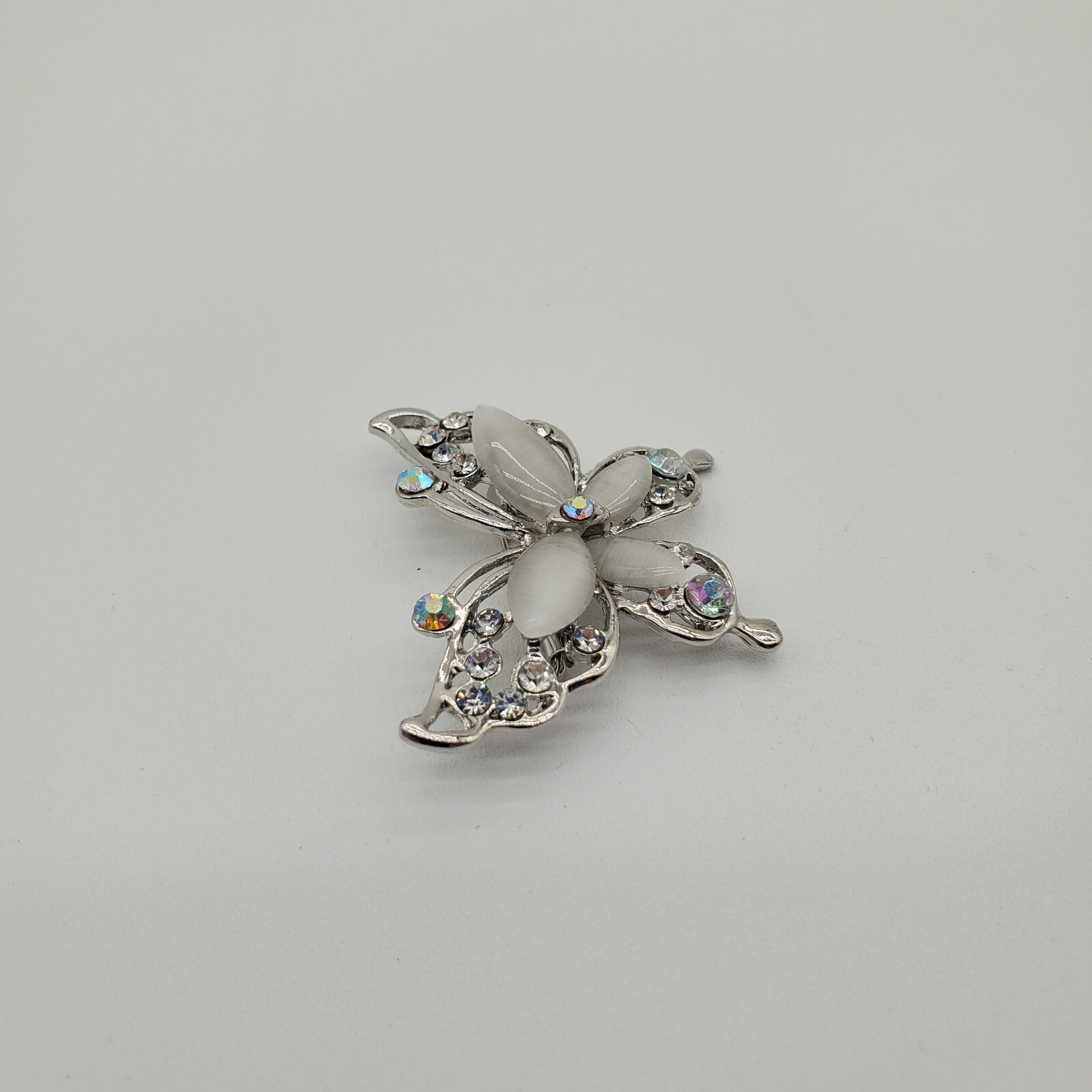 Vintage Small Silver Tone Butterfly Brooch with Clear and AB Rhinestones