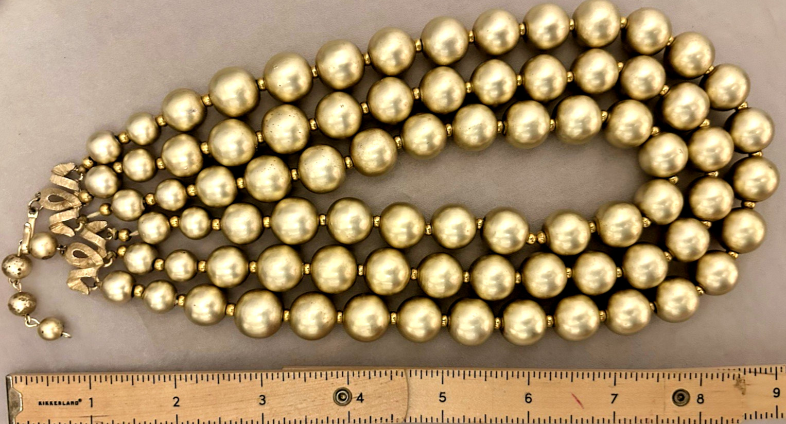 VTG Kramer Signed Triple Strand Graduated Faux Pearl Necklace Gold Tone 1950s