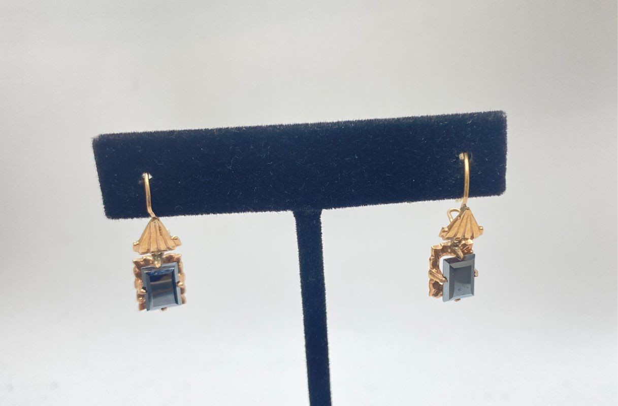 10K Yellow Gold Faceted Hematite Drop Earrings Vintage Style 1″ 3.4g