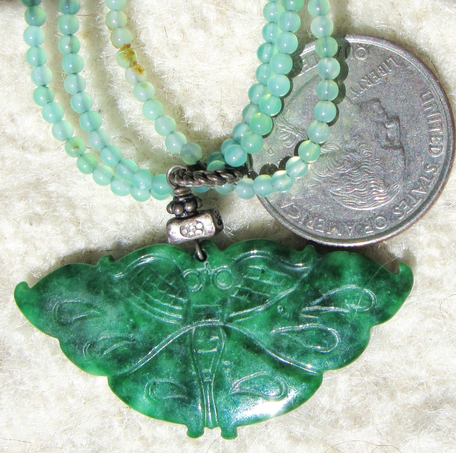 Fine Hand Carved Vintage Chinese Spinach Jade Butterfly Pendant Necklace 17.65gm