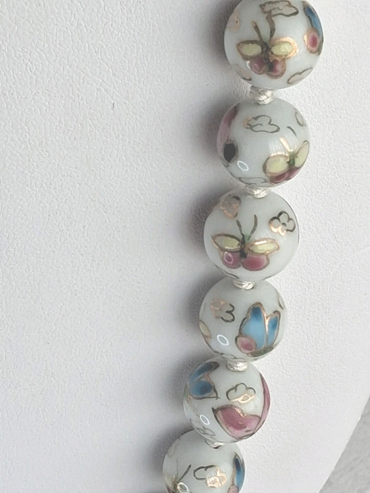 Vtg Cloisonne enamel Knotted butterfly design Gold Beads Wedding Necklace 24 in