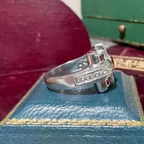 Art Deco Round Cut Lab Created Diamond Engagement 14K White Gold Finish Ring