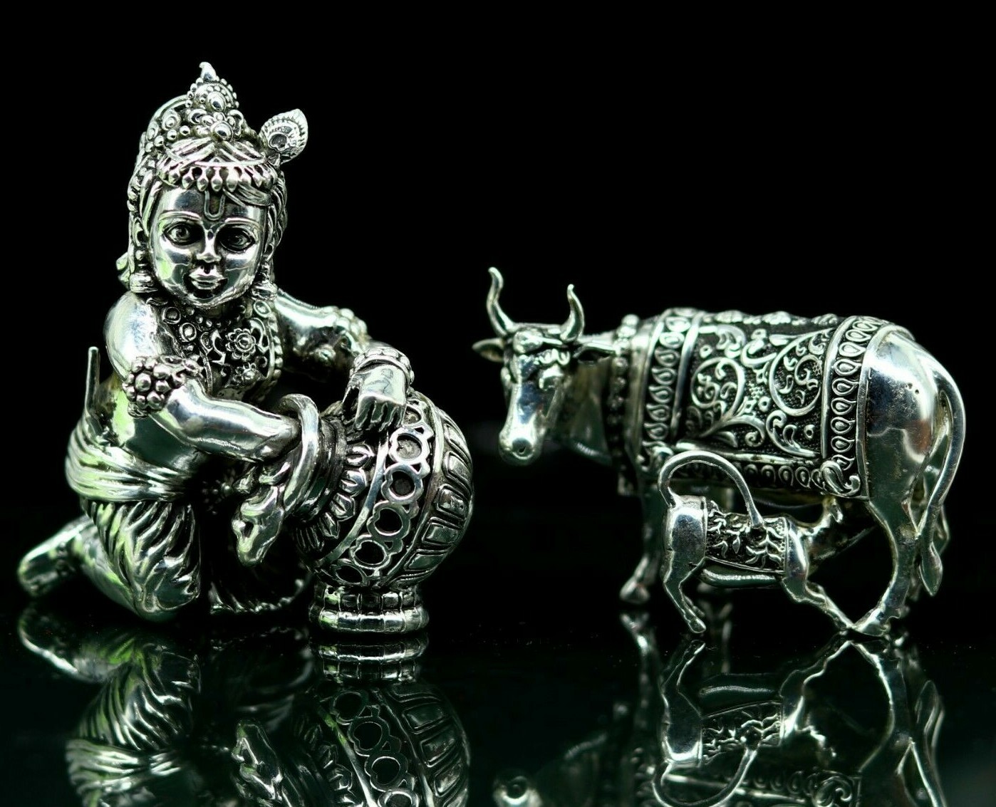 925 sterling silver baby krishna makkhan Gopala kamdhenu cow figurine su229