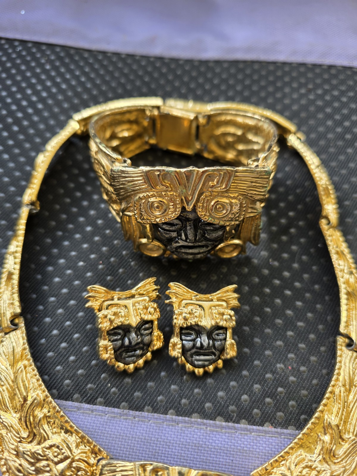 Salvador Teran for Marbel Mexico Necklace Set Aztec Maya 22k Plated Pre Owned #7