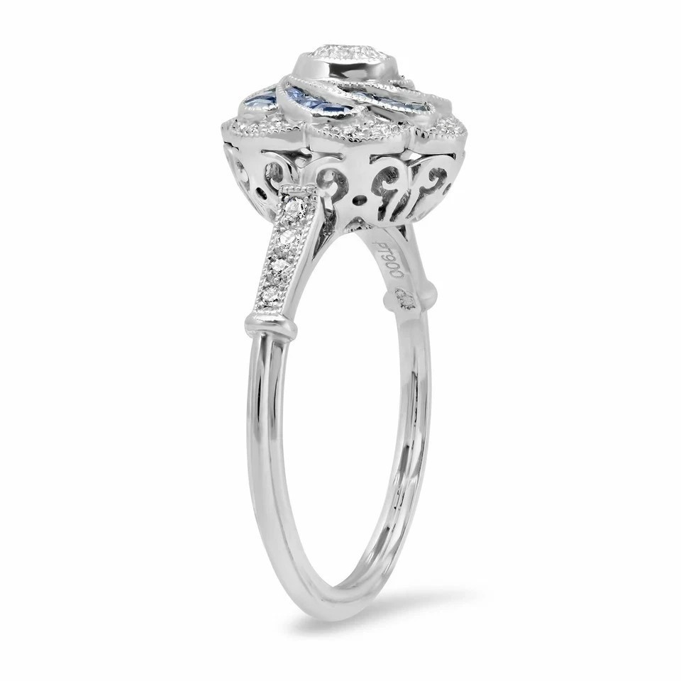 Art Deco Style Lab Created Diamond & Sapphire Anniversary 14K White Gold FN Ring