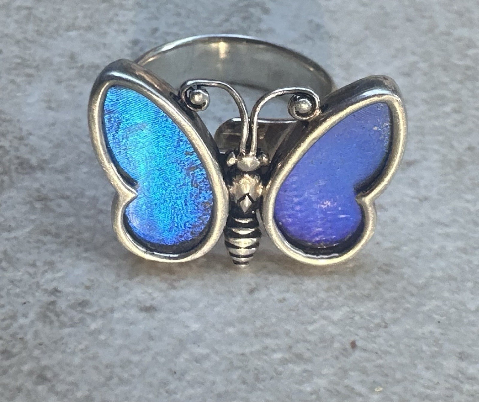 Designer Signed WC Peru 950 Sterling Silver Real Blue Butterfly Wing Ring Sz 7
