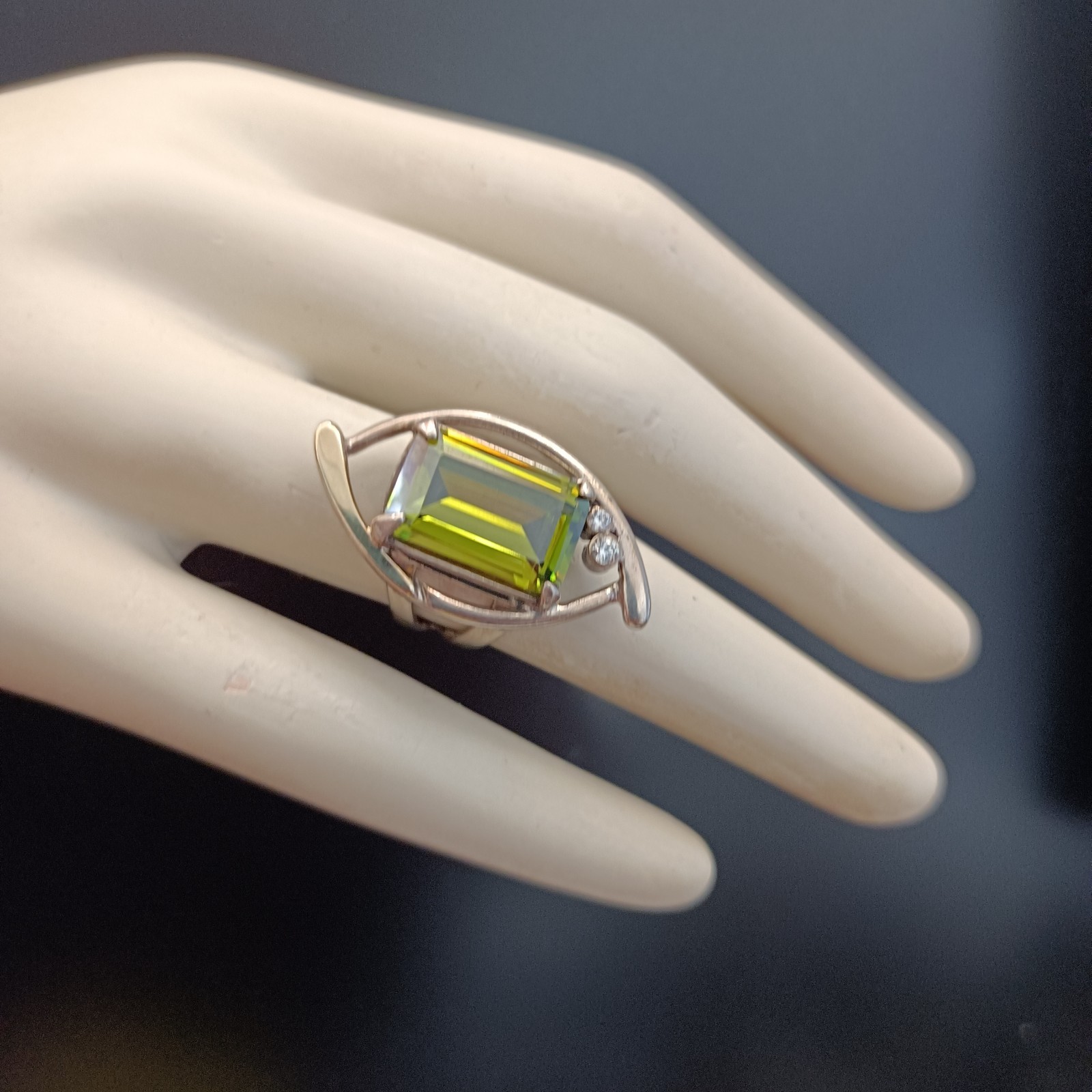Modernist Statement Ring Sterling Silver Olive Green Stone Rolled Gold Cocktail