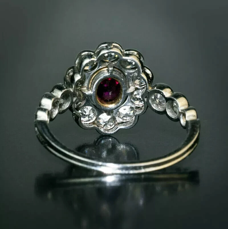 Vintage Art Deco Oval Ruby Lab Created Diamond 14K White Gold FN Engagement Ring