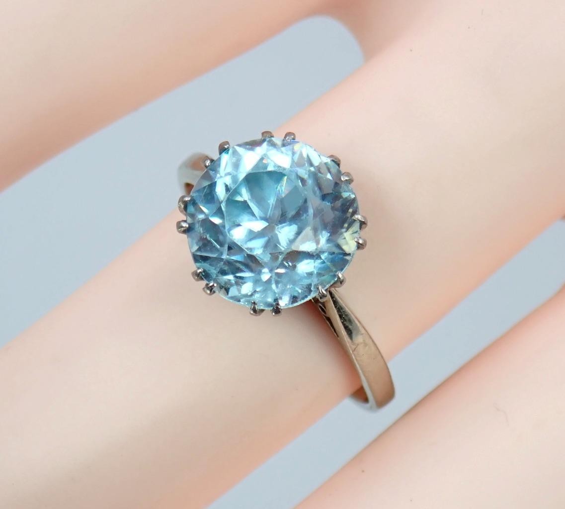 Antique Art Deco 18K Gold 5.4ct Old Cut Blue Zircon Solitaire Engagement Ring 6