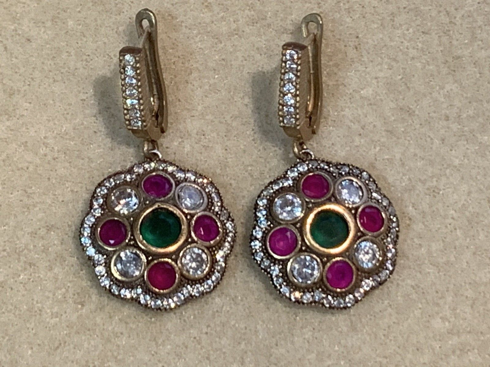 HUGE SALE**ESTATE VTG. EMERALD/RUBY/WHITE ZIRCON OTTOMAN EARRINGS-NEVER WORN