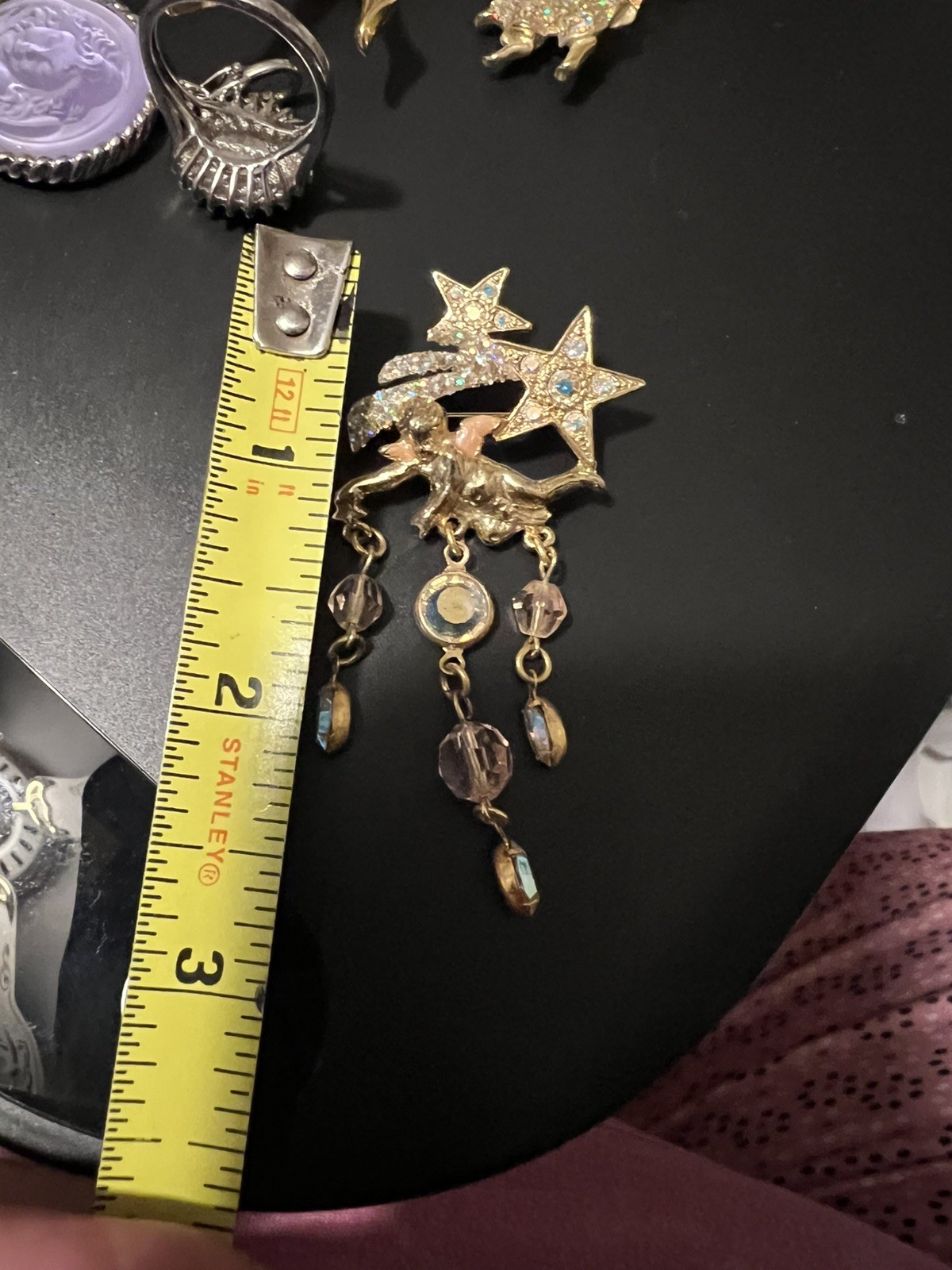 Kirks Folly Cherub, Stars Goldtone Pin w/ AB stones, dangle crystals, Never used