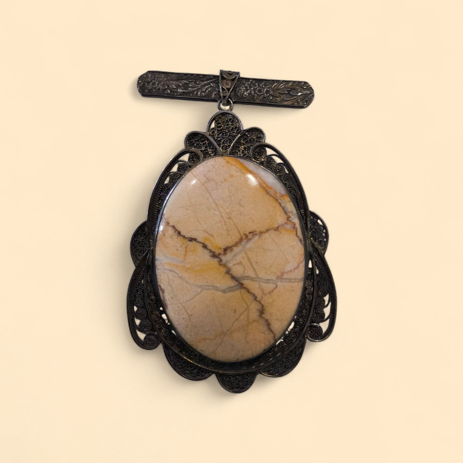 Vintage Silver Filigree Brooch Picture Jasper Stone Dangle Bar Pin Landscape