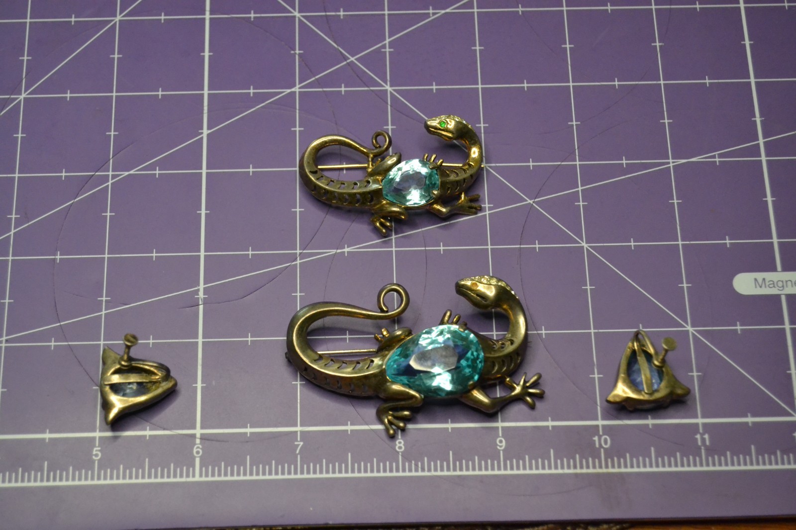 REJA Sterling SALAMANDER LIZARD Brooch Earrings AQUA GLASS BELLY Vtg Set Signed