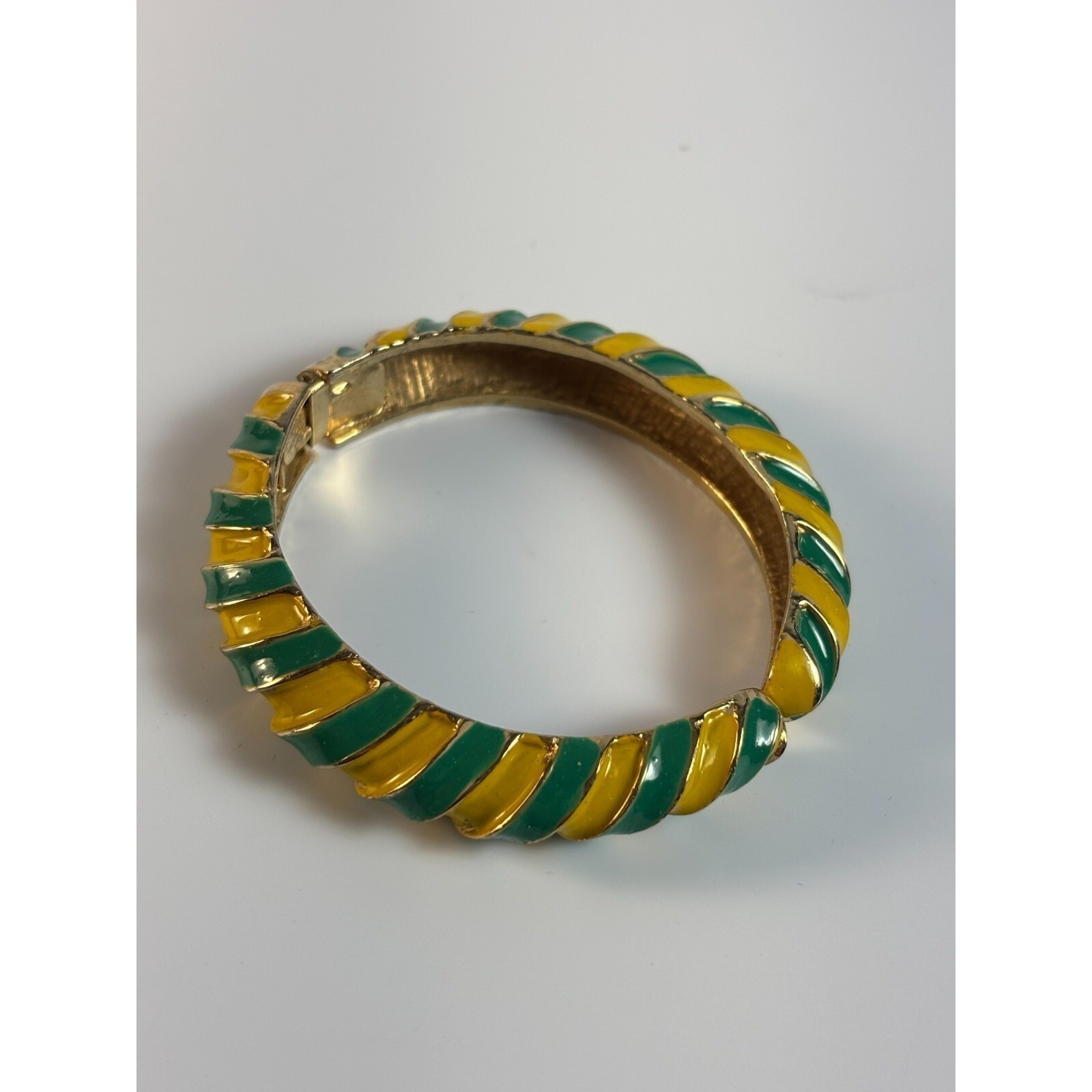 Bracelet Cuff Gold Tone Green Yellow Enamel Signed Les Bernard Vintage Hinged