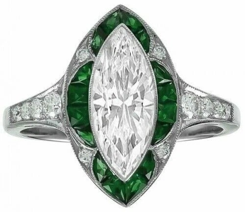 Art Deco Style Marquise Lab Created Diamond Engagement 14K White Gold FN Ring
