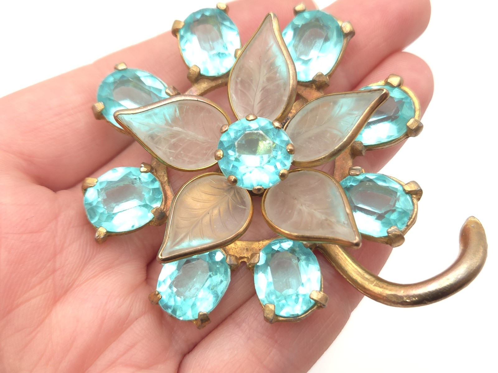 Vintage Art Deco Gold Gilt Aquamarine Blue Glass Paste Stone Flower Brooch Pin