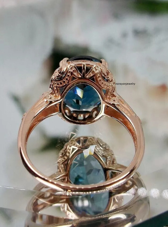 Edwardian Vintage 2.50Ct London Blue Topaz Solitaire Ring 14K Rose Gold Plated