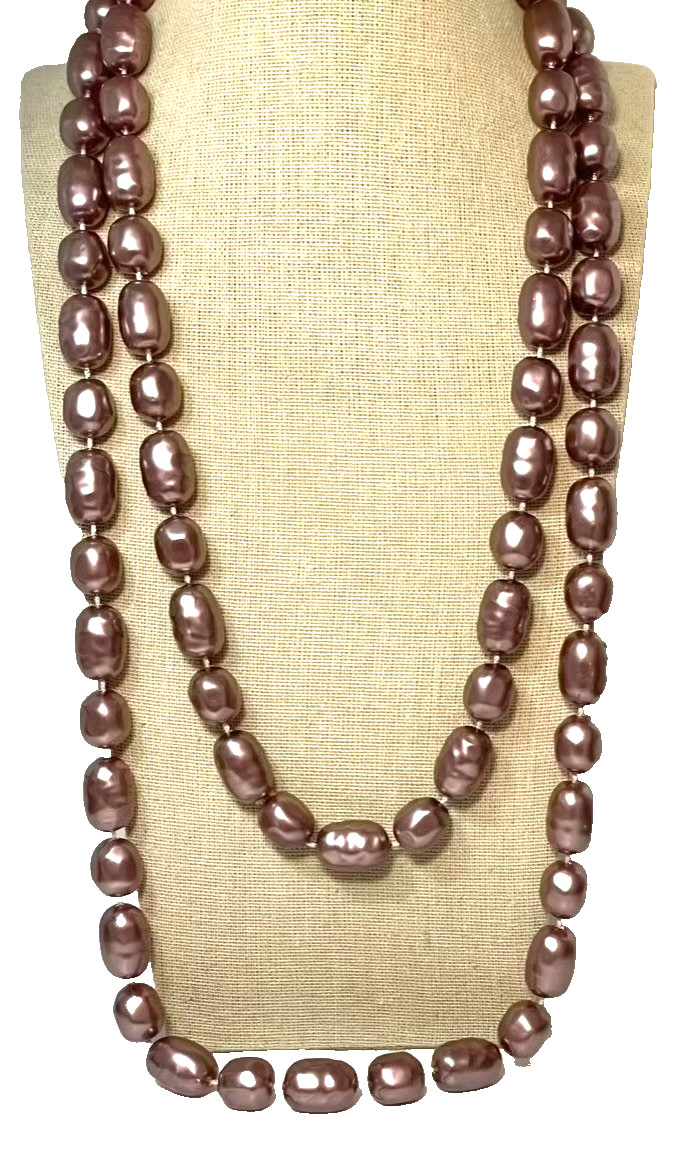 Set of 2 Light Purple Necklaces Plum Large Faux Pearl Beads Vintage 24″ 30″ Long