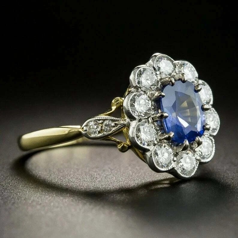 Art Deco Style Oval Cut Sapphire Lab Created Diamond 925 Silver Engagement Ring