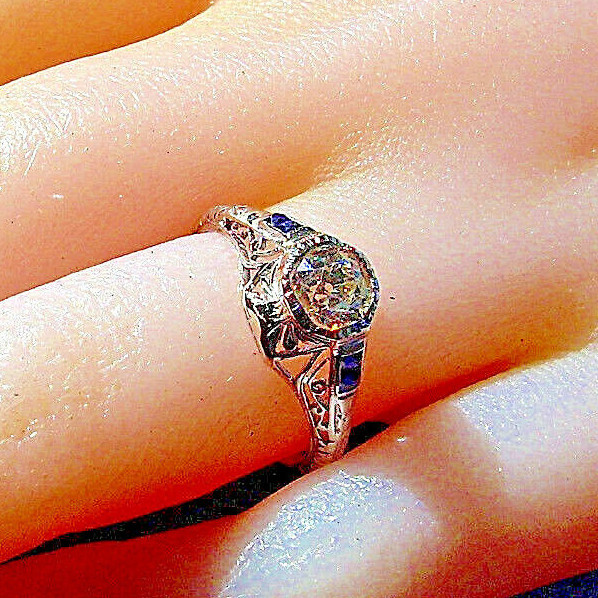 Original EARTH MINED DIAMOND Sapphire Deco Engagement Ring PLATINUM Solitaire 6