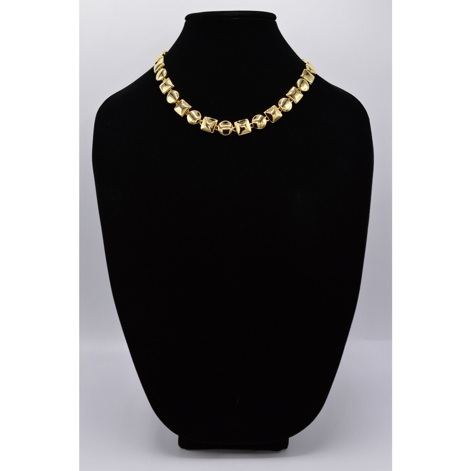 Vintage Chunky Geometric Collar Statement Necklace Shiny Gold Linked 1980s BinN