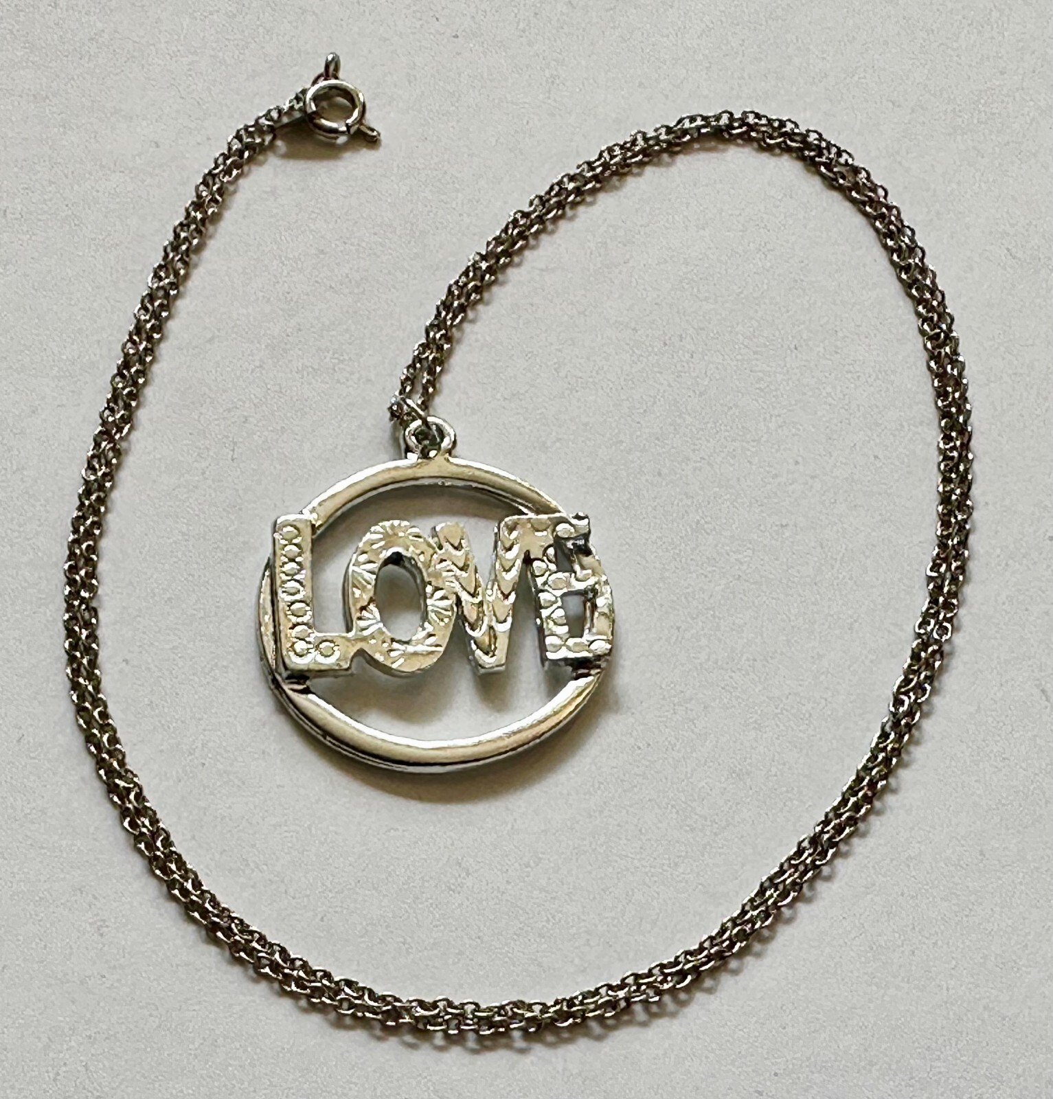 Love Vintage word Love silver metal charm pendant 1 1/4″ 60s 70s necklace 24″