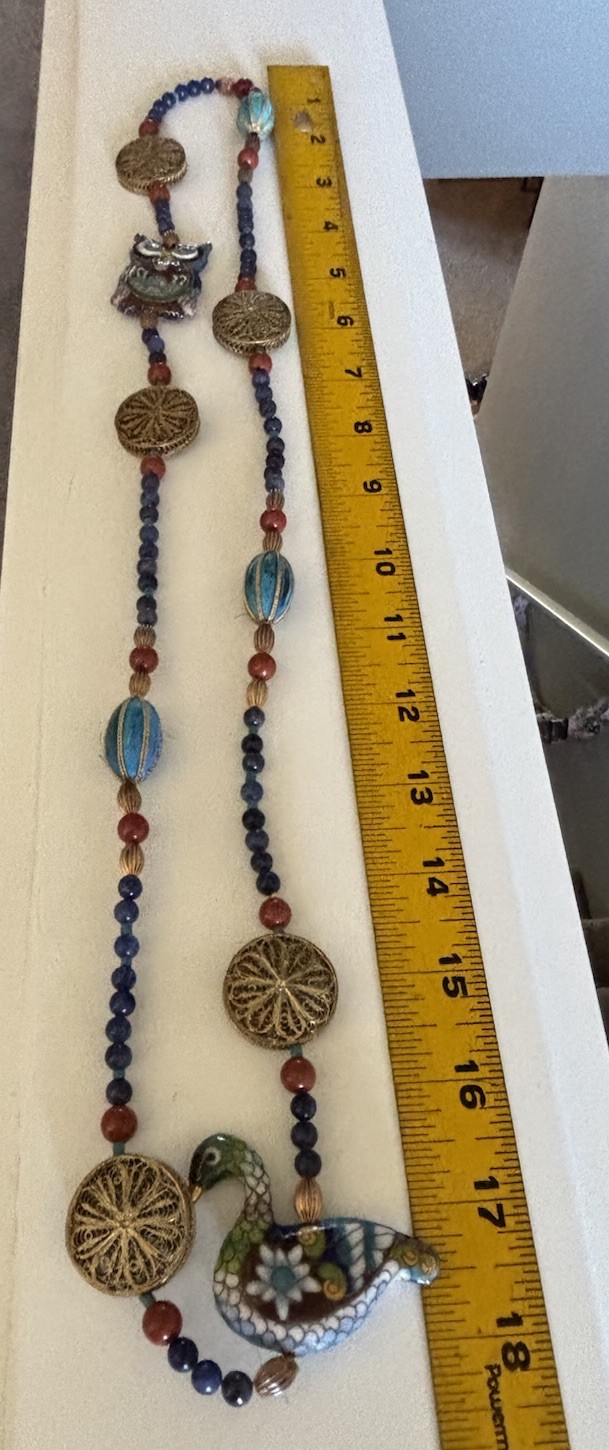 Vintage Cloisonne & Brass Necklace w/ Owl & Duck Pendant Boho Statement EUC